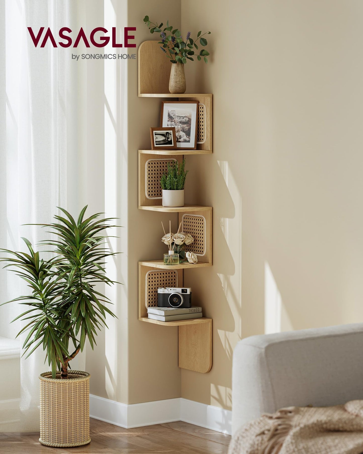 VASAGLE 5-Tier Corner Shelf, Wall Mounted Floating Shelf, Zigzag Corner Shelf Unit, PVC Rattan Sides, Space-Saving, for Kitchen, Living Room, Bedroom, Boho Style, Oak Beige ULLS582YC01S