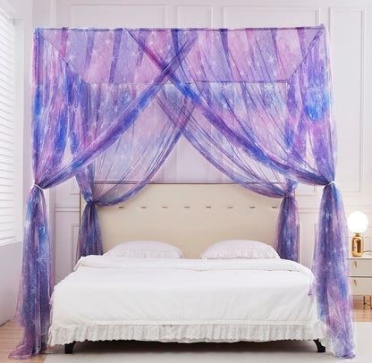 Mengersi Tie Dye Canopy Bed Curtains with Lights,Gradient Ombre Bed Canopy for Girls,Canopy for Bed Princess Bed Drapes for Girls Room Decor(Twin,Purple)