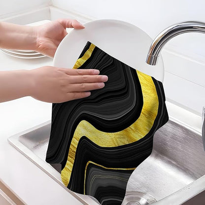 Black Gold Kitchen Dish Towels Set of 4 Soft Absorbent Marble Texture Black