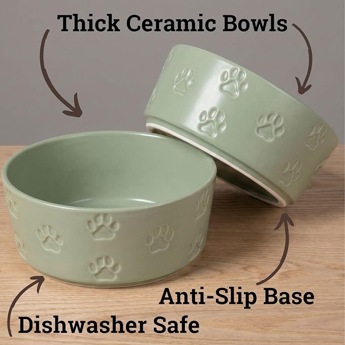 Ceramic Dog Bowl Set of 2 with Anti-Skid Base - 6.5" Wide x 2.5" Tall Ceramic Dog Bowls Medium Sized Dogs - 3.8 Cup Capacity Food and Water Bowls for Dogs - Rubber Bottom Pet Bowl Set of 2 Medium Size