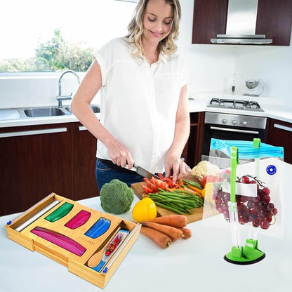 Forest & Twelfth Expandable Bamboo Kitchen Drawer Organizer for Storage Bags, Gallon, Quart, Snack, Sandwich Size, Plastic Wrap Foil Dispenser with Prep Bag Holder, Eco-Friendly Kitchen Organization