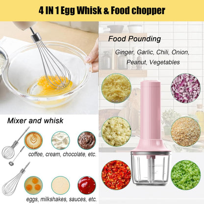 4-in-1 Electric Hand Mixer, Electric Whisk, Mini Onion Chopper 10Oz, Small Cordless Hand Blender, Milk Frother Wand for Coffee, Matcha, 4 Speed Rechargeable Food Processor for Baby Food Maker