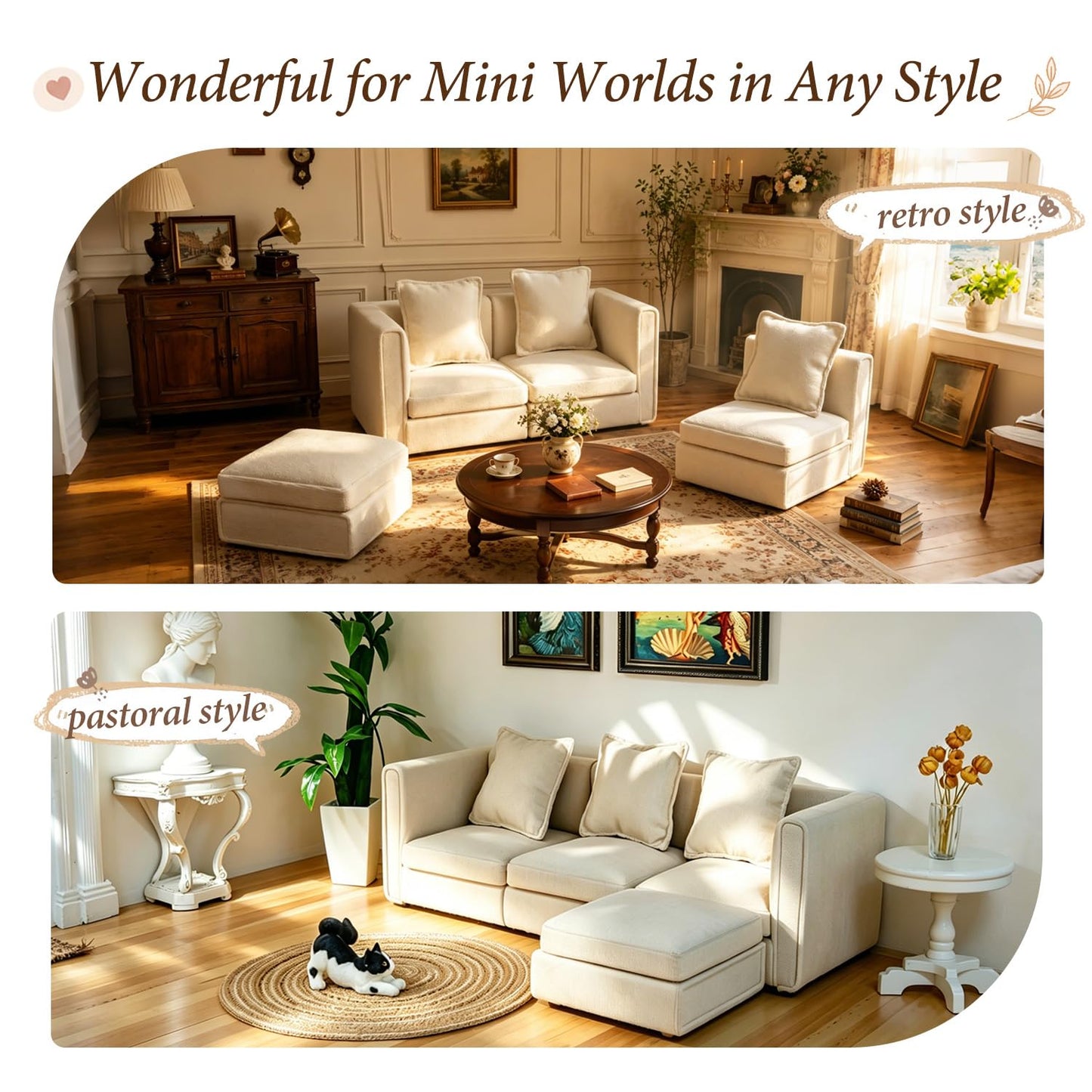 iLAND Dollhouse Furniture Sectional Dollhouse Couch Set White Velvet Sofa, Miniature Chair Doll House Furniture, Modern 1/12 Scale Miniature Living Room Decor and Accessories fit 4-6”Action Figures