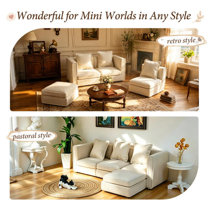 iLAND Dollhouse Furniture Sectional Dollhouse Couch Set White Velvet Sofa, Miniature Chair Doll House Furniture, Modern 1/12 Scale Miniature Living Room Decor and Accessories fit 4-6”Action Figures