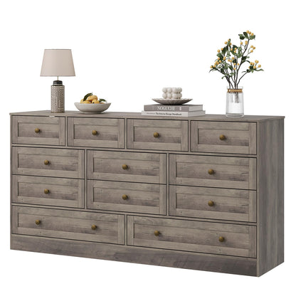 GarveeHome 12 Drawer Wooden Dressers for Bedroom, Wood TV Stand Dresser for 65 Inch TV, Modern Wood Chest of Drawers Clothes Storage Organizer for Living Room, Closet, Hallway, 61" L × 15.75" W