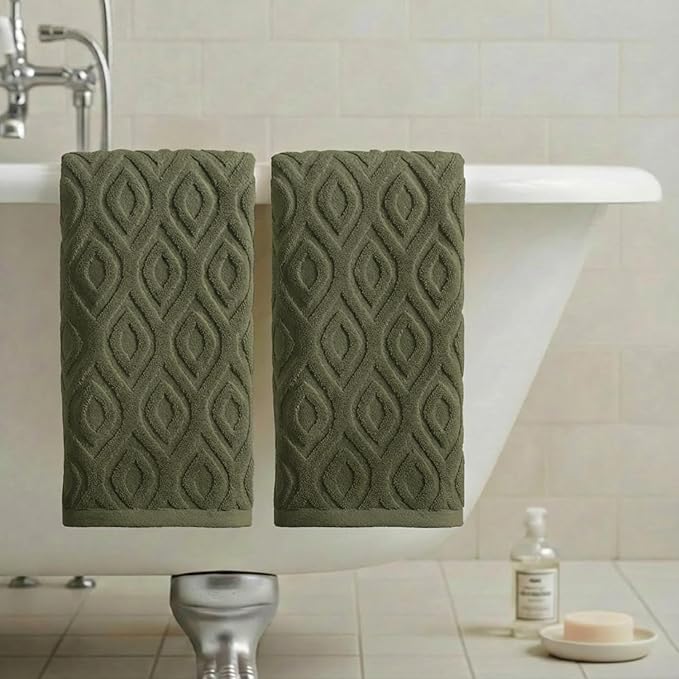 Artoid Mode 2 Pcs Olive Green 3D Diamond Grid Jacquard Hand Towels