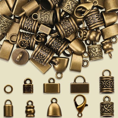 SUNNYCLUE 1 Box 230pcs Cord End Caps Kit Kumihimo Ends Alloy Metal Tibetan Style Antique Bronze Tassel Glue in Crimp Leather End Caps for Jewelry Making Kit Bracelet Kumihimo Supplies Gifts Craftings