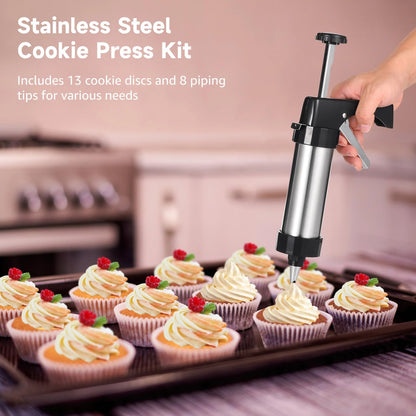Cookie Press Gun Kit,Stainless Steel Cookie Press for Baking Maker Gun with 13 Discs,8 Piping Tips and Cleaning Brush for DIY Cakes,Dessert