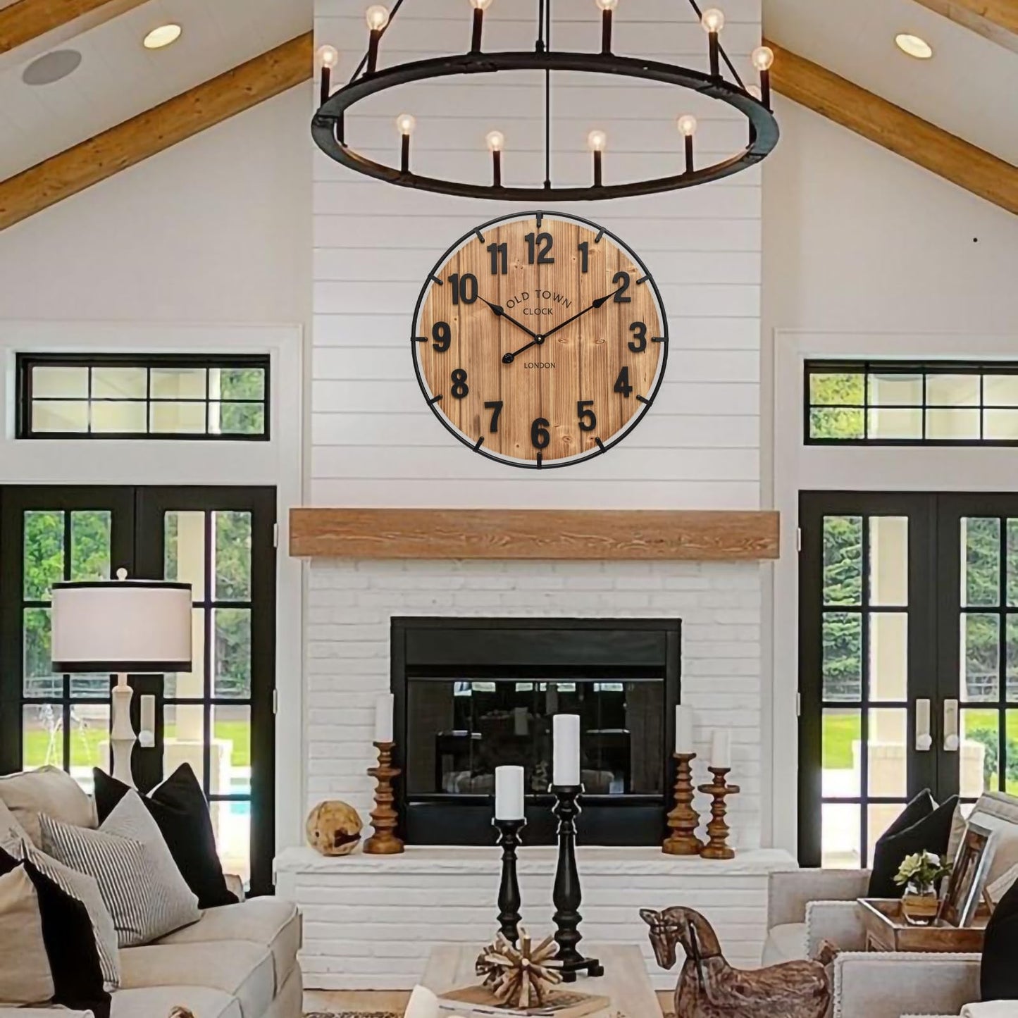 EMAX HOME Large Old Town Farmhouse Wall Clock 24 Inch Rustic Antique Wood with Metal Circle and Large Numerals Silent Battery Operated Wall Clock for Office Kitchen Bedroom Living Room