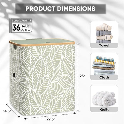 BALEINE Laundry Hamper with Lid, Tall Laundry Baskets with Bamboo Pull Handles