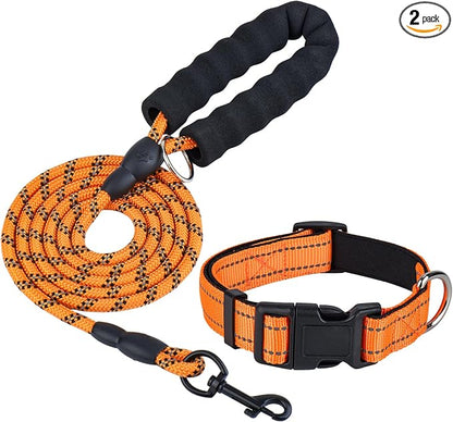 Dog Leash and Collar Set – 6 FT Strong Rope Leash with Padded Handle & Adjustable Nylon Collar Reflective for Small Medium Large Dogs (Orange, S)