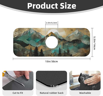 Kitchen Sink Splash Guard Faucet Mat Mountains Trees Landscape Sunrise 15"x5.5"