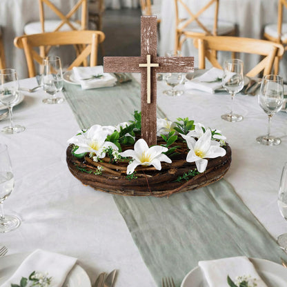 Kathfly First Holy Communion Cross Table Decor with Flower Wreath Standing Wooden Cross First Communion Religious Tabletop Signs Christian Baptism Centerpieces for Easter Rustic Farmhouse Decor Gift