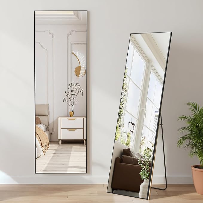 NEWBULIG Mirror Full Length, 16"x59" Body Wall Mirrors with Shatter-Proof Glass, Upgraded Floor Standing Mirror, Hanging or Leaning, with Stand Aluminum Alloy Frame for Home Decor, Bedroom, Black