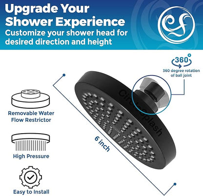 High Pressure Shower Head - Anti-Clogging Silicone Nozzles 2.5 GPM Removable Restrictor - Easy to Clean and Install - Includes Plumbers Tape - 6 inch - (Matte Black 2.5GPM)