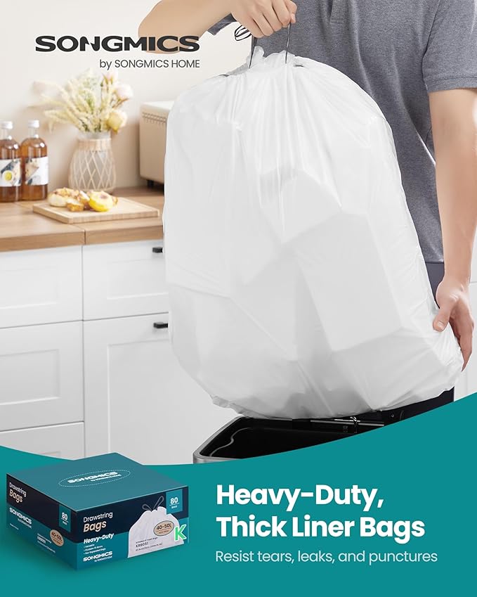 SONGMICS Trash Bags for 13-Gallon Trash Cans, Drawstring Kitchen Garbage Bags