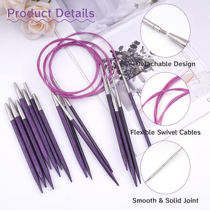 BsHooker Interchangeable Circular Knitting Needles Set with Case,3.5mm-6.5mm Birch Wood Knitting Needles Set with Cables,Complete Accessories