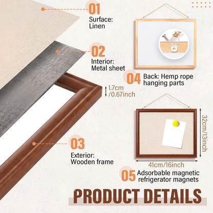 Poola Voidra Magnetic Linen Bulletin Board Wooden Frame Magnetic Board for Wall Farmhouse Hanging Metal Bulletin for Display Magnetical Letter Refrigerator Photo Number Note (16 x 13 Inch,Walnut)