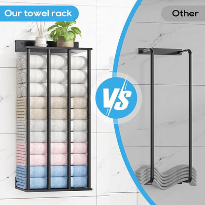 Towel Racks for Bathroom Wall Mounted, Updated 4 Bar Wall Towel Holder | Large Bathroom Towel Storage Rack for Rolled Towels, Modern Metal Towel Organizer Shelf with Wooden Storage Shelf