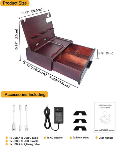 Nightstand Organizer with Drawer Built in 4 USB Charger, Wood Phone Docking Station with Dual Phone Charging Station for Apple Android Phones Anniversary Birthday Gifts for Men Dad Hunsband Mom