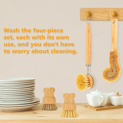 Bamboo Dish Brushes Sets 4 Tools in One Kitchen Clean Dish Scrubber