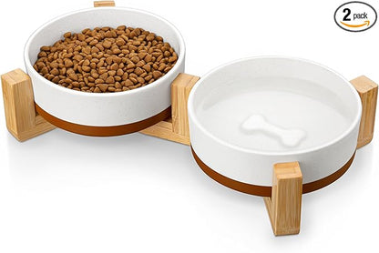 MALACASA Ceramic Dog Bowls Small Size Dog with Wood Stand, 1.5-Cup Ceramic Puppy Bowls for Cats & Small Dogs, Dual Food and Water Bowls with Weighted Non-Slip Base, Glaze Matte,14 Oz