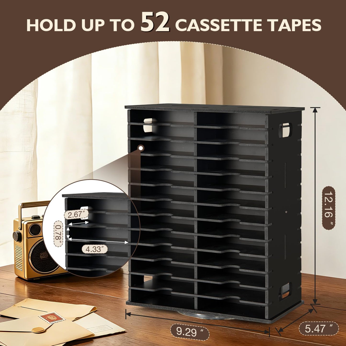 Arkiya Rotating Cassette Tape Storage Holder, 52 Slot Cassettes Organizer Rack, Audio Cassette Tape Display Shelf, Ideal Gift for Cassettes Collectors, Black