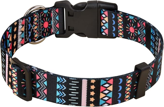 Mihqy Dog Collar with Bohemia Floral Tribal Geometric Patterns - Soft Ethnic Style Collar Adjustable for Small Medium Large Dogs(Black Bohemia,S)