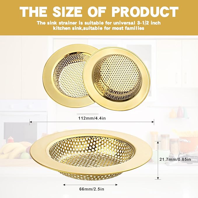 RQYEKDO Kitchen Sink Drain Strainer，2 Pack Stainless Steel and Gold Mesh Sink
