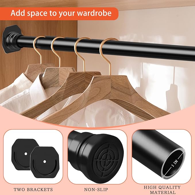 Closet Rod, 30 to 52 Inch Adjustable Closet Rods for Hanging Clothes Heavy Duty Closet Hanging Rod Matte Black Closet Poles for Wardrobes with No Drilling Holder