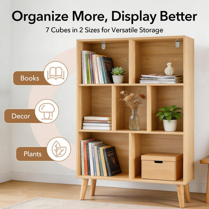 DUMOS Book Shelf, 7 Cube Storage Organizer with Legs, 3-Tier Modern Wooden Bookcase, Open Standing Display Shelf for Living Room, Bedroom, Office, Light Pine