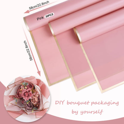 Whaline 30 Sheets Floral Wrapping Paper Folded Flat Pink Flower Bouquet Wrap Paper with Rose Gold Edge Waterproof Double Sided Florist Packaging Paper for Wedding Birthday
