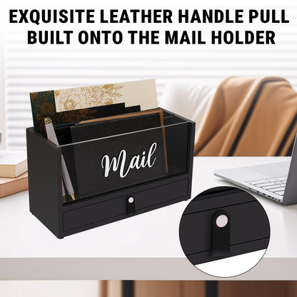Two-Layer Solid Wooden Mail Storage Organizer Holder with Clear Acrylic Top and Bottom Drawer, Leather Handle, Keeping Mail, Bills, Letters, Cards and Office Supplies in One Place, Home Decor Gifts