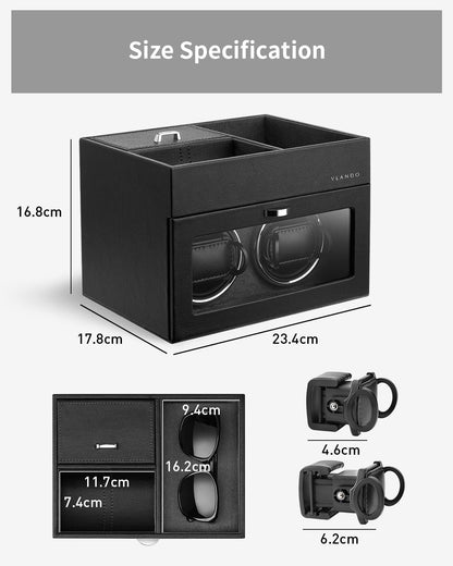 VLANDO Automatic Double Watch Winder for Men - Watch Winder Box with Jewelry Organizer Tray for Father Husband Dad, Japanese Quiet Motor, LED Light, Adjustable Watch Pillows - Black