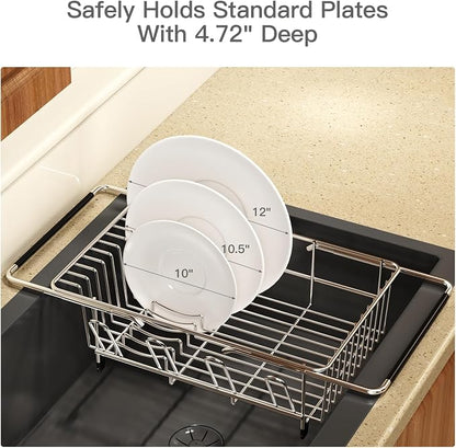MAJALiS Dish Drying Rack Over The Sink with Utensil Holder, Drainboard | Expandable Stainless Steel Dish Drainer for Small Kitchen, Apartment, RV, Counter Space Saving, Perfect Fit, Rustproof