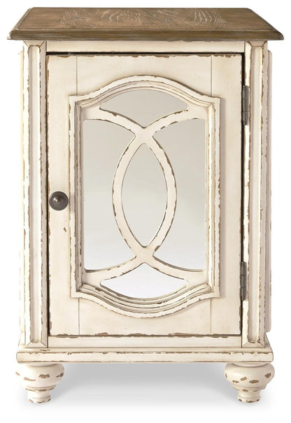 Signature Design by Ashley Realyn Chairside End Table, Living Room Side Table, Antique Two-Tone Mirrored Door, Ash Veneer, Wood and Engineered Wood, White/Brown, 18"W x 24"D x 25"H