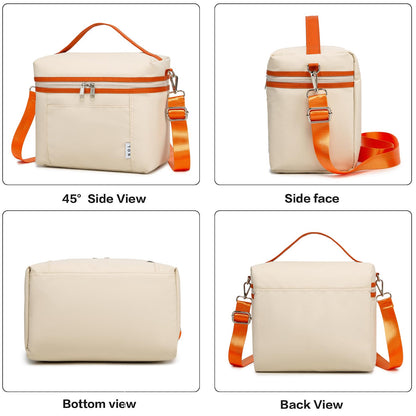 NOL Insulated Lunch Bags for Women Cooler Bag Lightweight Nylon Waterproof Lunch Box For Work (Medium(normal), Cream/orange)