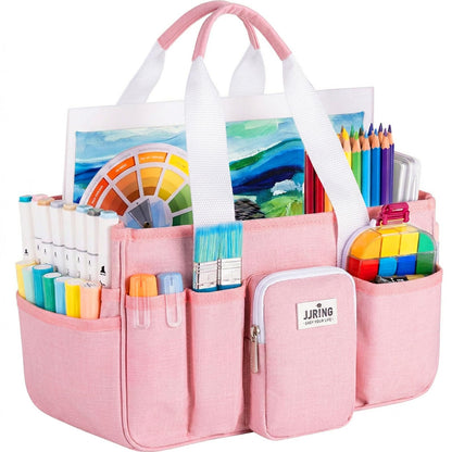 Jjring Craft Organizer Tote Bag, Portable Art Caddy with Adjustable Divider&Secure Zipper Pocket, Large Foldable Storage Tote for Scrapbooking, Sewing, Artist and Home(Pink)