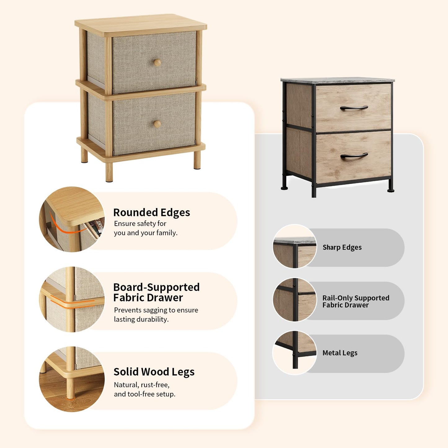 Apicizon Nightstand with 2 Storage Drawers, Boho Side Table with Solid Wood Legs, End Table for Small Spaces, Bedroom, Living Room, Entryway, Natural