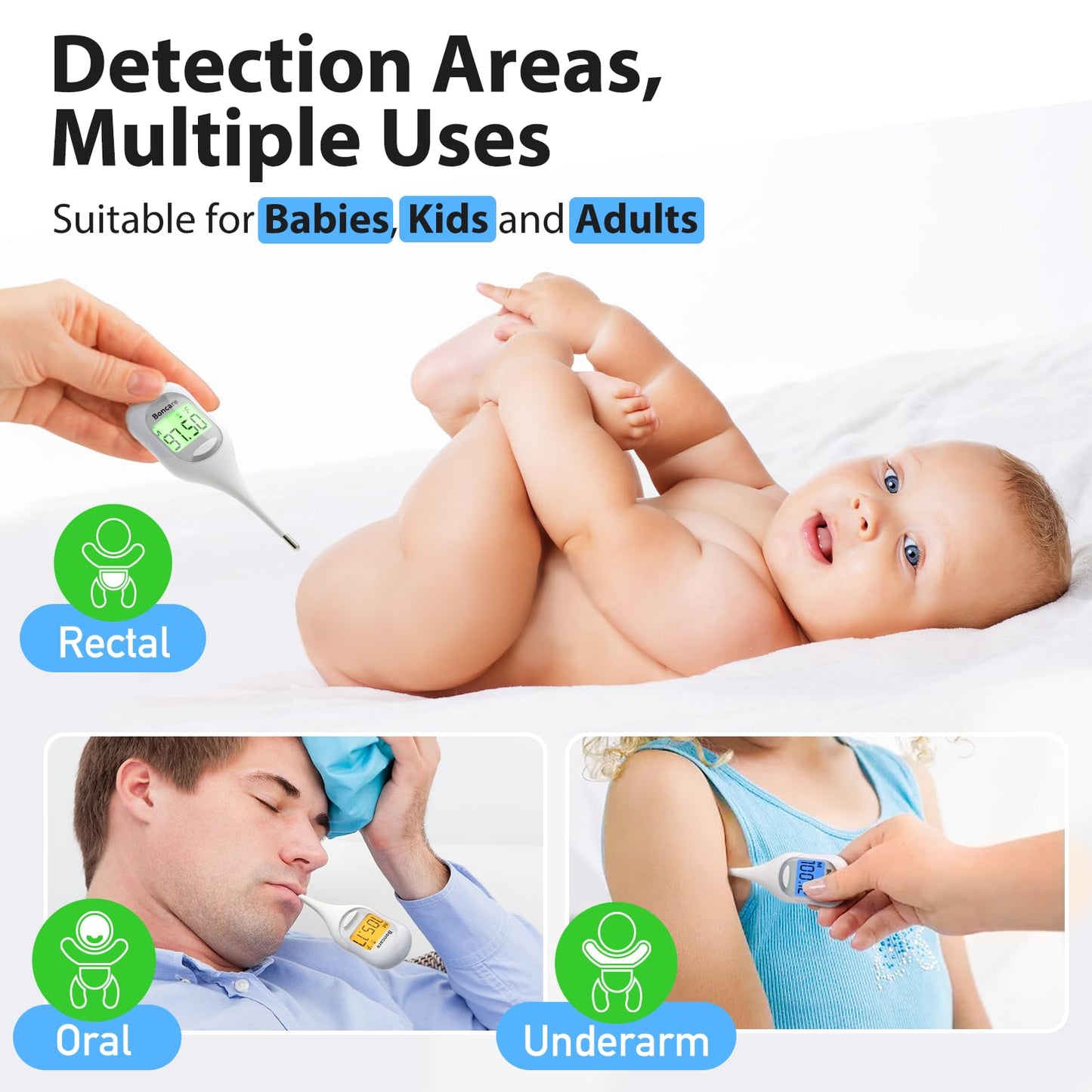 Boncare 9 Seconds Basal Body Thermometer for Ovulation, Oral Thermometer for Adults and Kids - Accurate Rectal Thermometer for Baby, with Fever Alarm and Large Display, FSA HSA Eligible (Rice-White)