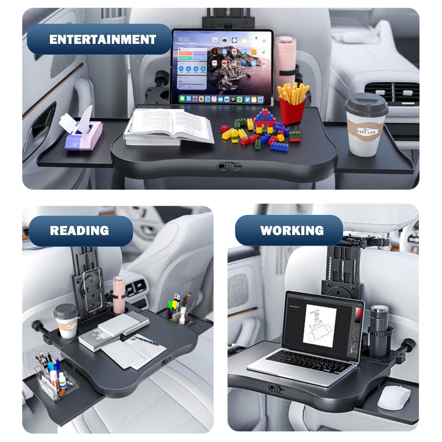 [Upgraded] Car Seat Table with Expandable Tray - Car Desk for Laptop Car Backseat Mount, Car Trays for Eating with Non-Slip Pad/Phone&Tablet Holde, Car Accessories for Writing/Laptop/Dining/Work