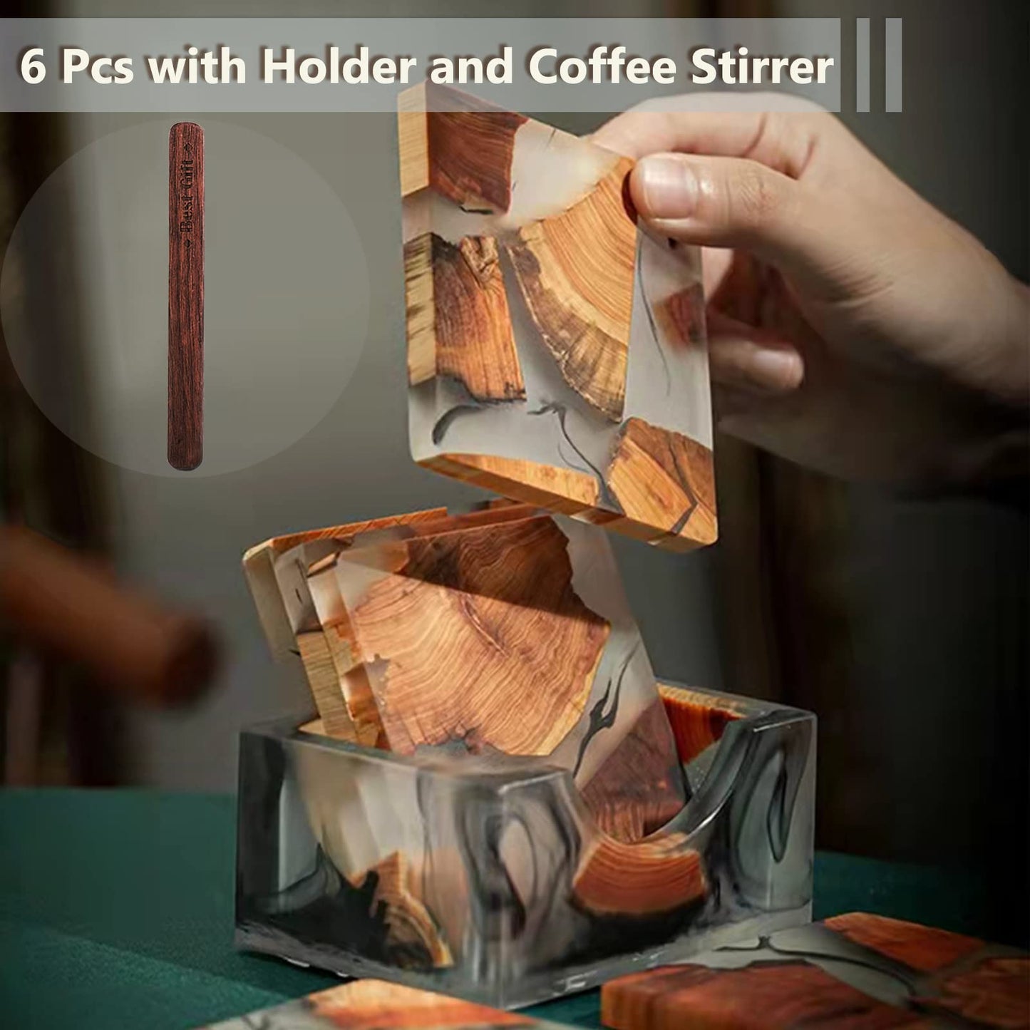 Yougoals Modern Wooden Coasters Set of 6 with Holder, Large Size Natural Cedar Coasters for Coffee, Tea Home Decor (6Pcs with Holder)