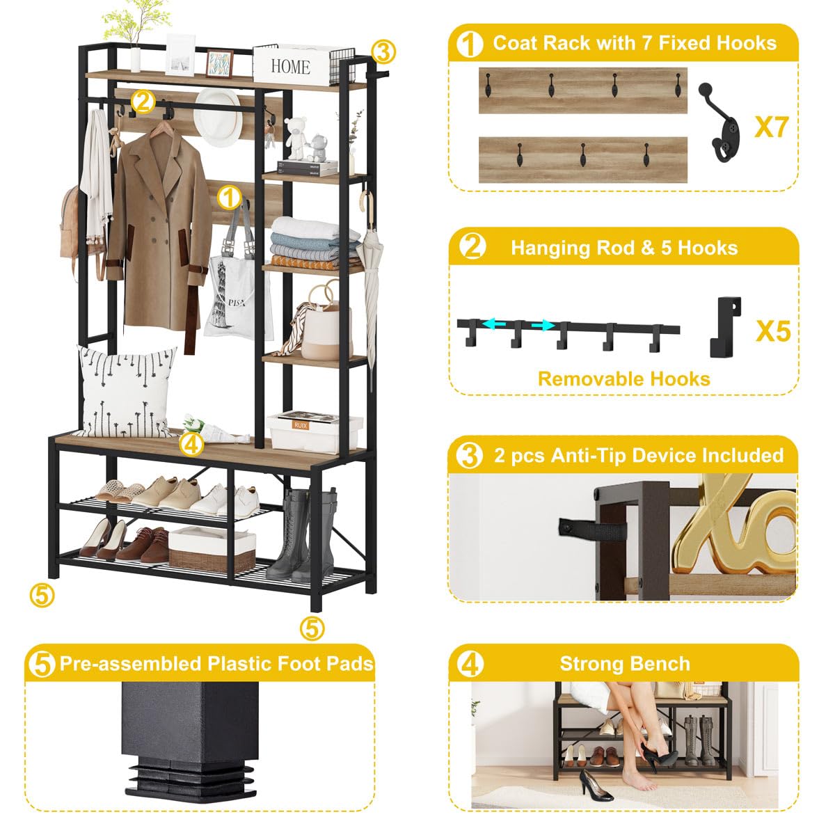 BON AUGURE 2-Piece Entryway Furniture Set, Console Table with Drawer and Coat Rack Hall Tree with Bench for Hallway or Living Room