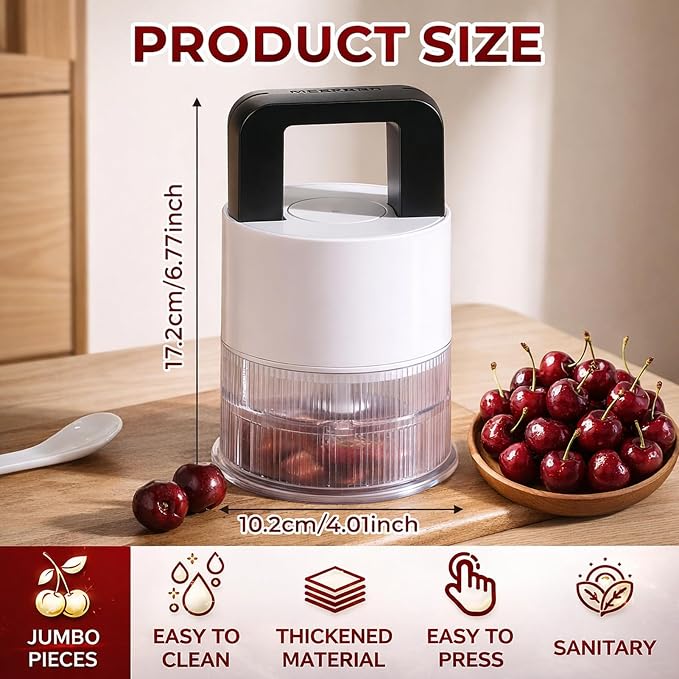 Cherry Pitter Tool, 7-in-1 Cherry Stoner with 1.5" Large Jumbo Cherry Slots | Clear Anti-Splash Pit Container, Easy Press Ergonomic Handle, Dishwasher Safe Multi Fruit Pitter for Homemade Desserts