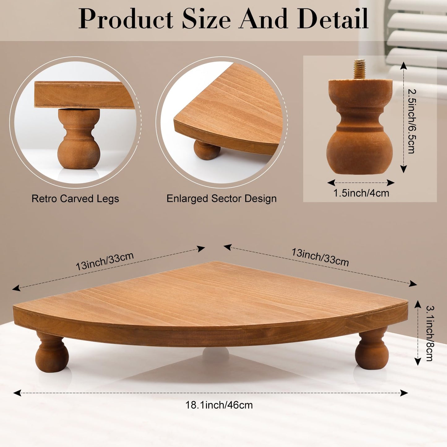Corner Counter Wood Shelf, Rustic Pedestal Stand, Farmhouse Corner Shelves Stand, Tray Riser for Coffee Bar, Bathroom Countertop Organizer Corner, Centerpiece Display Riser for Kitchen (Wooden)