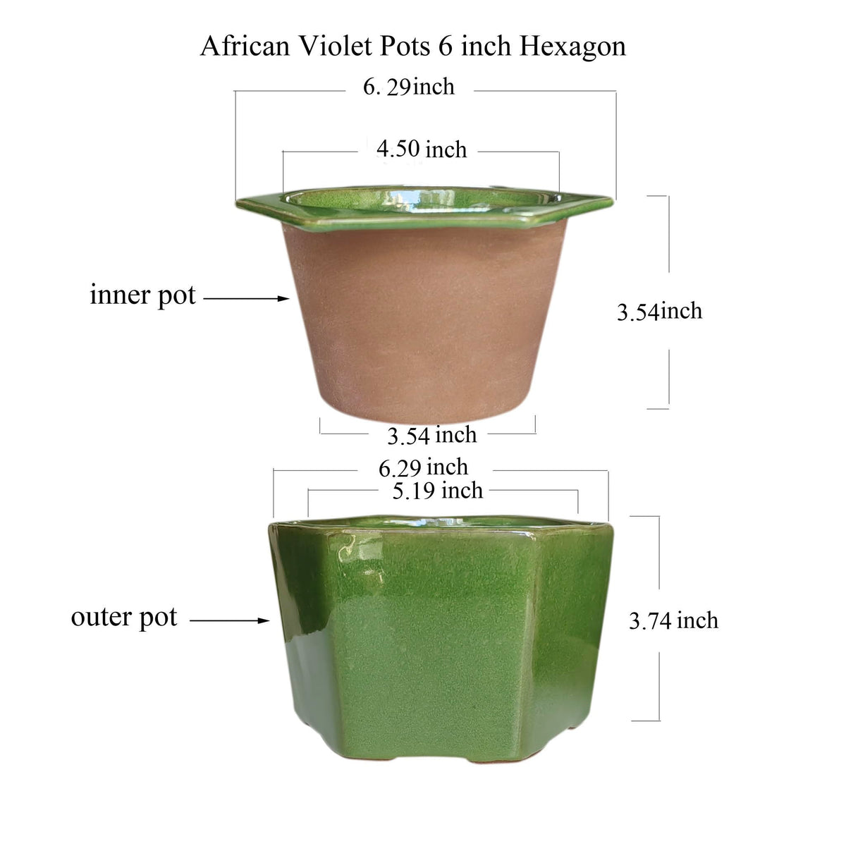 Dphagesy African Violet Pots 6 inch Hexagon Self-Watering Ceramic Pots 4.50'' Opening(Green)