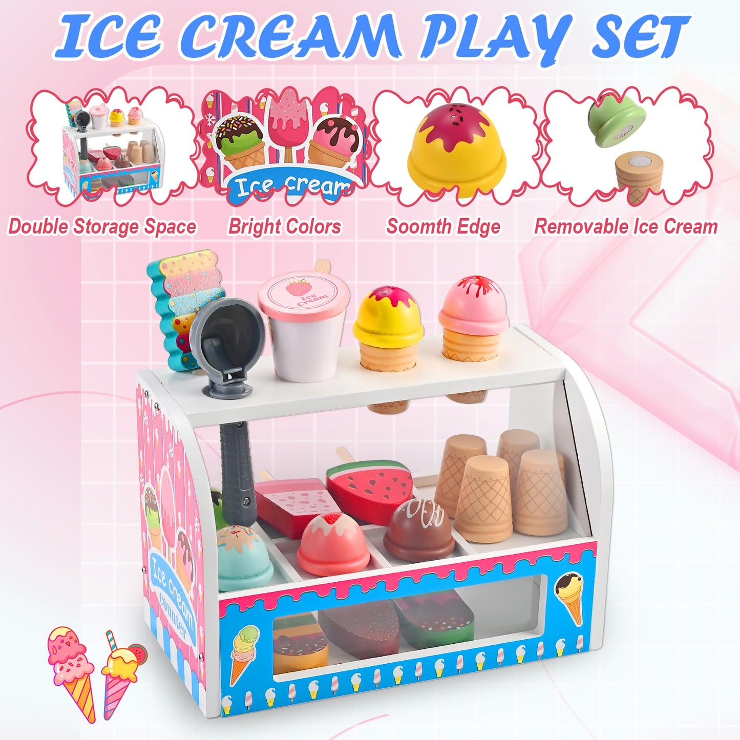 WoodTrove Ice Cream Play Set, Wooden Ice Cream Toy, Wooden Play Food, Ice Cream Shop Playset, Pretend Play Toys for Toddlers, Kitchen Toys Gift for Girls Boys 3 4 5 6 Year Old
