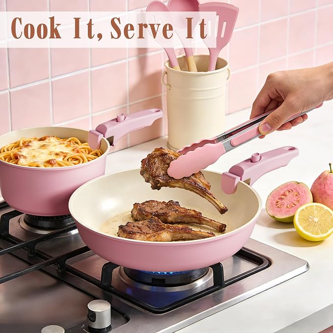 Umite Chef Pots and Pans Set Non Stick, 21 pcs Nonstick Ceramic Cookware Set, RV Kitchen Cooking Set with Detachable Handles, Oven Safe, Induction Cookware, Stackable, Pink, PFAS PFOA & PTFE Free