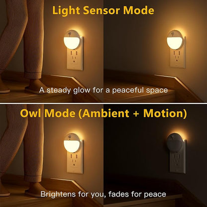 YUNLEX 2 Pack Plug in Night Light with Motion Sensor and Dusk to Dawn Sensor, Stepless Dimming, Warm White LED Nightlight with 3 Lighting Ways for Bathroom, Bedroom, Kitchen, for Kids, Adults