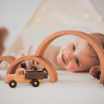 BUSY PUZZLE Wooden Toy Car and Truck Set Montessori Toys for Toddlers Handmade from Natural Wood Gift for Boys and Girls